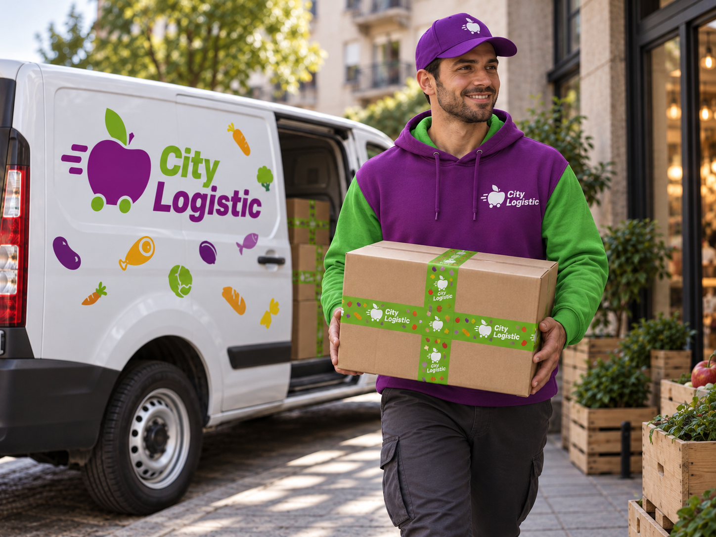 Курьер City Logistic рядом с фирменным автомобилем и упаковкой с брендированным скотчем.